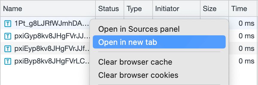 Right-clicked menu of the font